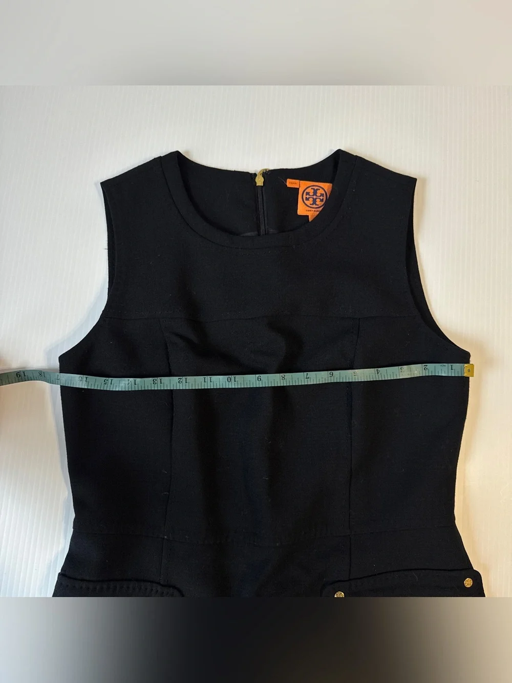 Tory Burch Black Wool Blend Utility Shift Dress Gold Zip Pockets Quiet Luxury 8